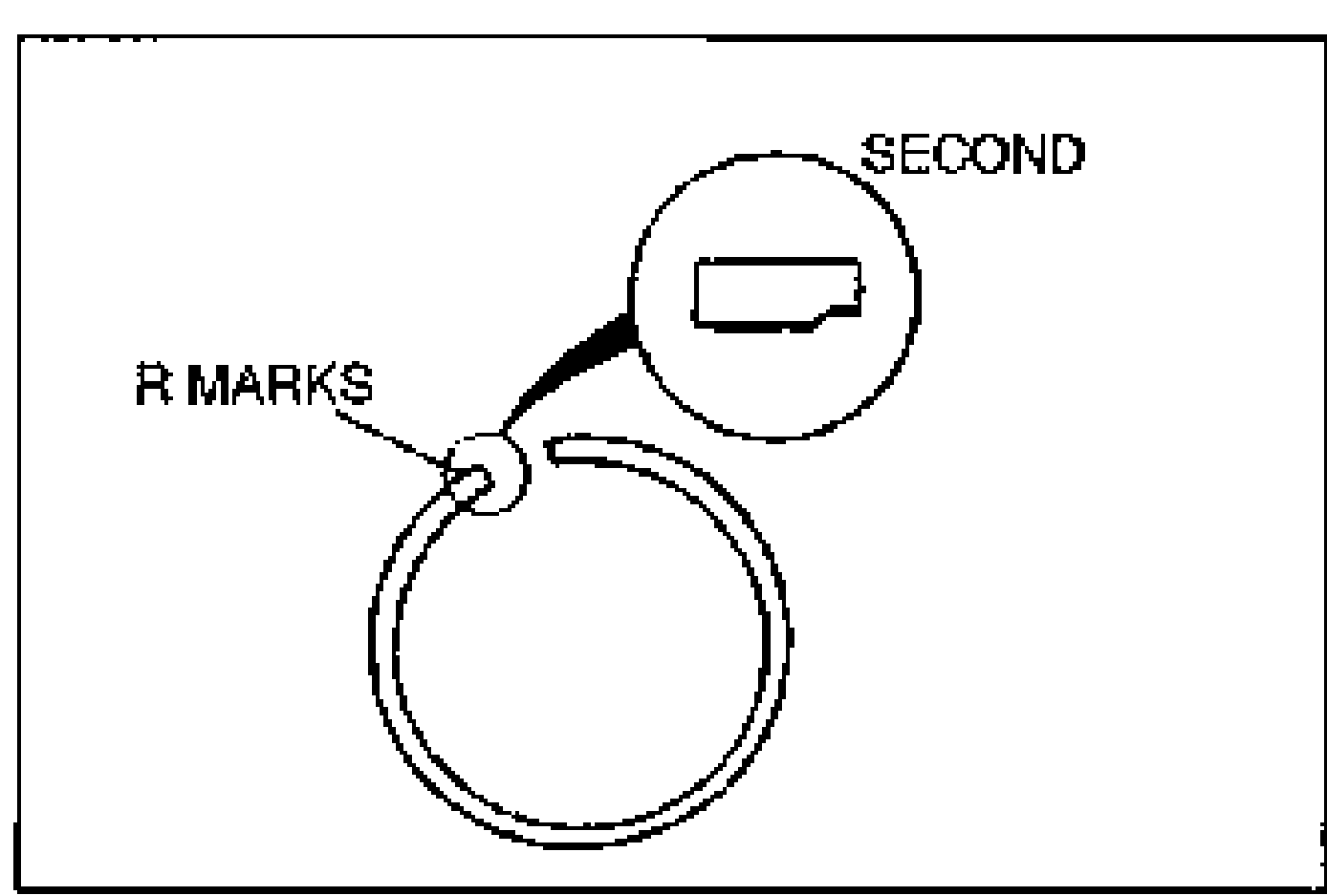 Detail diagram of a piston ring showing the 'R MARKS' on the ring and a magnified inset labeled 'SECOND' showing the second ring profile. Illustrates installing rings with R marks upward.