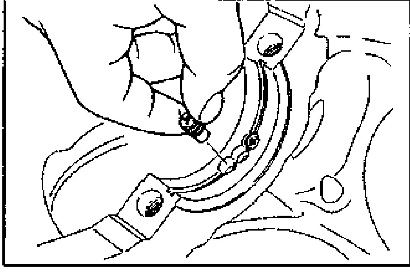 Line drawing of the cylinder block showing an oil jet being installed into the upper cylinder block, with the oil jet pointed to near the main bearing saddle area.
