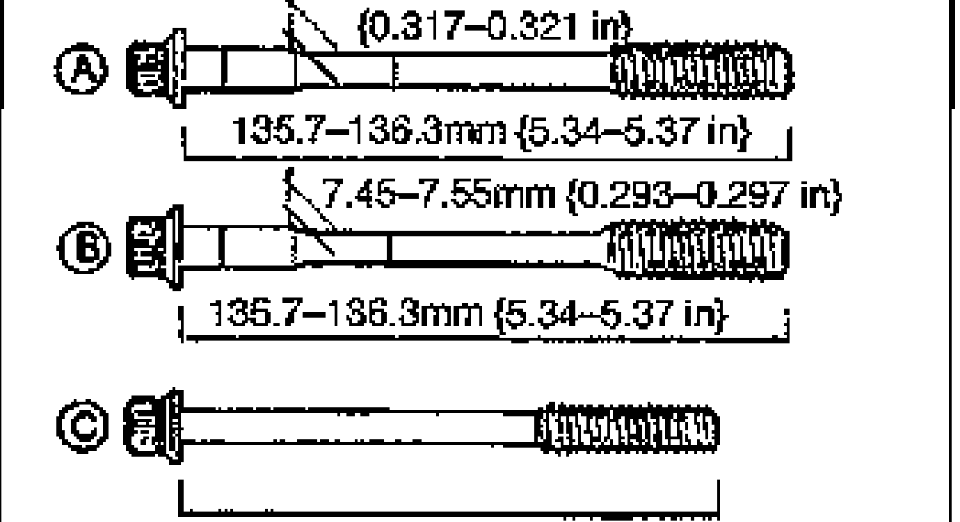 Three cylinder block bolts labeled A, B and C drawn with their measured shank diameters and overall lengths. Bolt A: 8.05-8.15mm (0.317-0.321 in) shank, 135.7-136.3mm (5.34-5.37 in) length. Bolt B: 7.45-7.55mm (0.293-0.297 in) shank, 135.7-136.3mm length. Bolt C: 119.7-120.3mm (4.71-4.74 in) length.