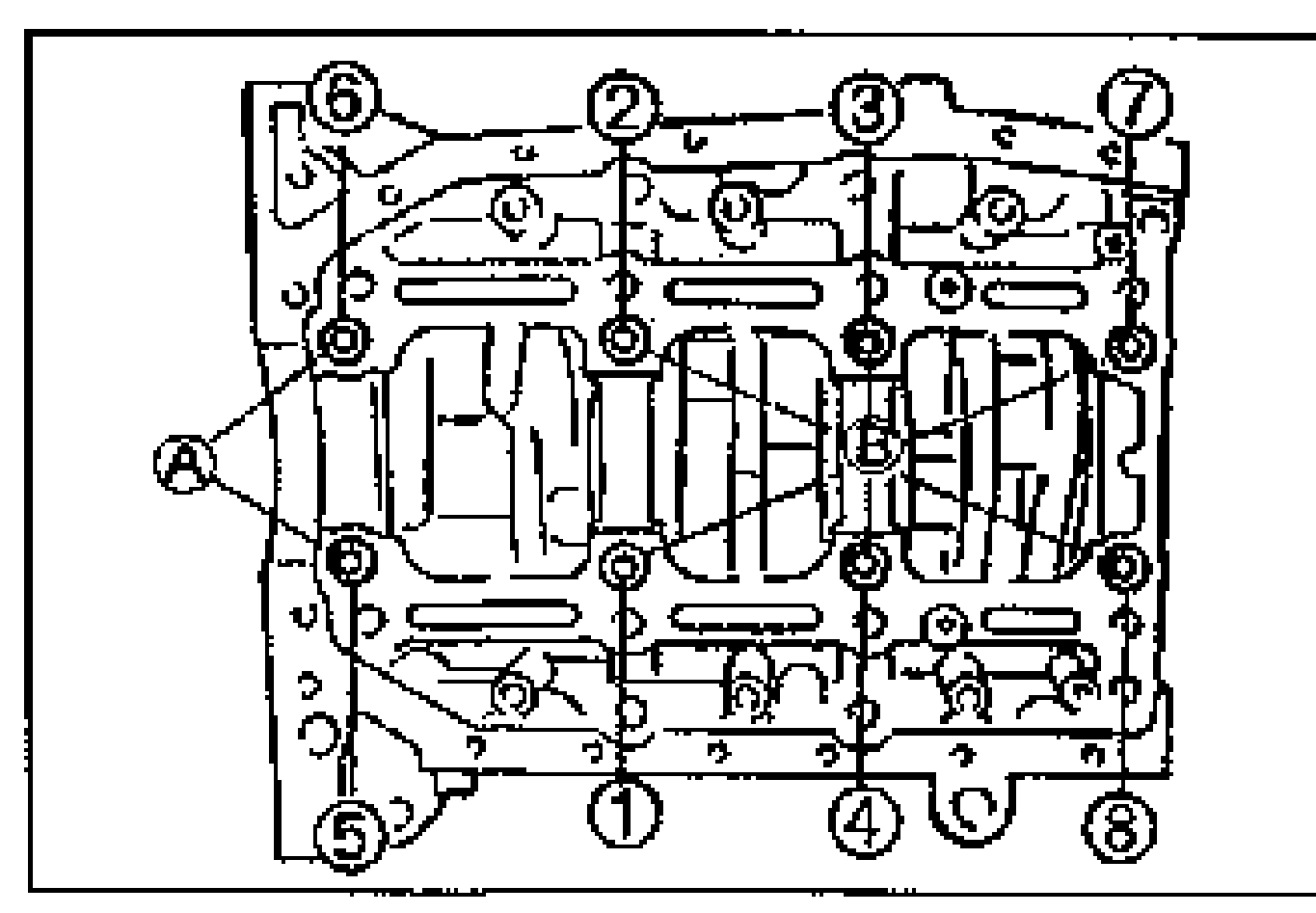 Bottom view of the lower cylinder block showing the bolt tightening order. Bolts numbered 1 through 8 in sequence; bolt A pointed to at the left. Lines connect the numbered bolt positions.