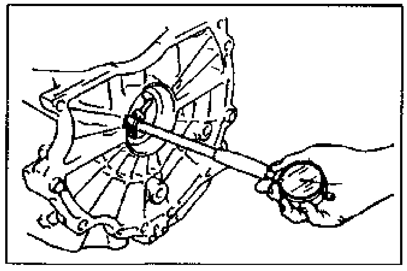 Line drawing of the cylinder block with a hand using an inside micrometer/dial bore gauge to measure the journal bore diameter.