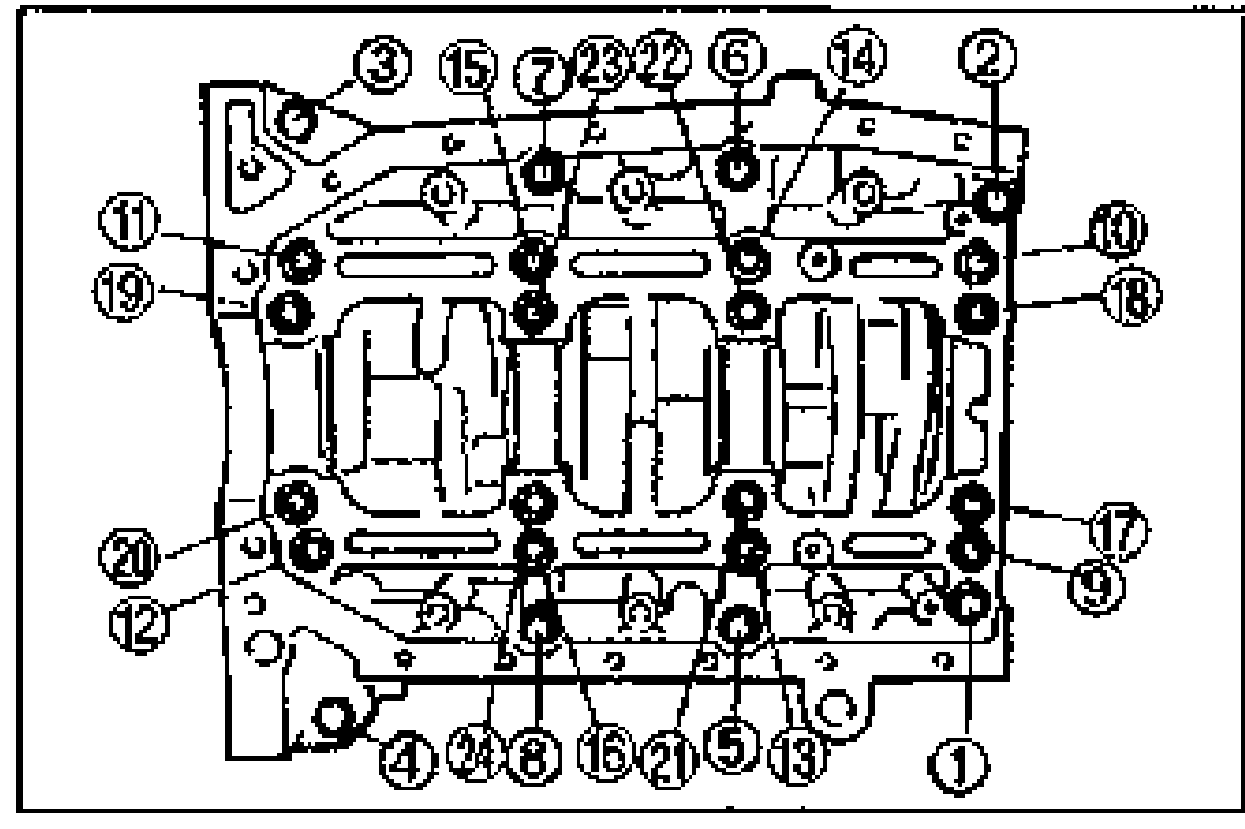 Bottom view of the lower cylinder block showing the bolt loosening order with bolts numbered 1 through 24, lines connecting the numbered positions.
