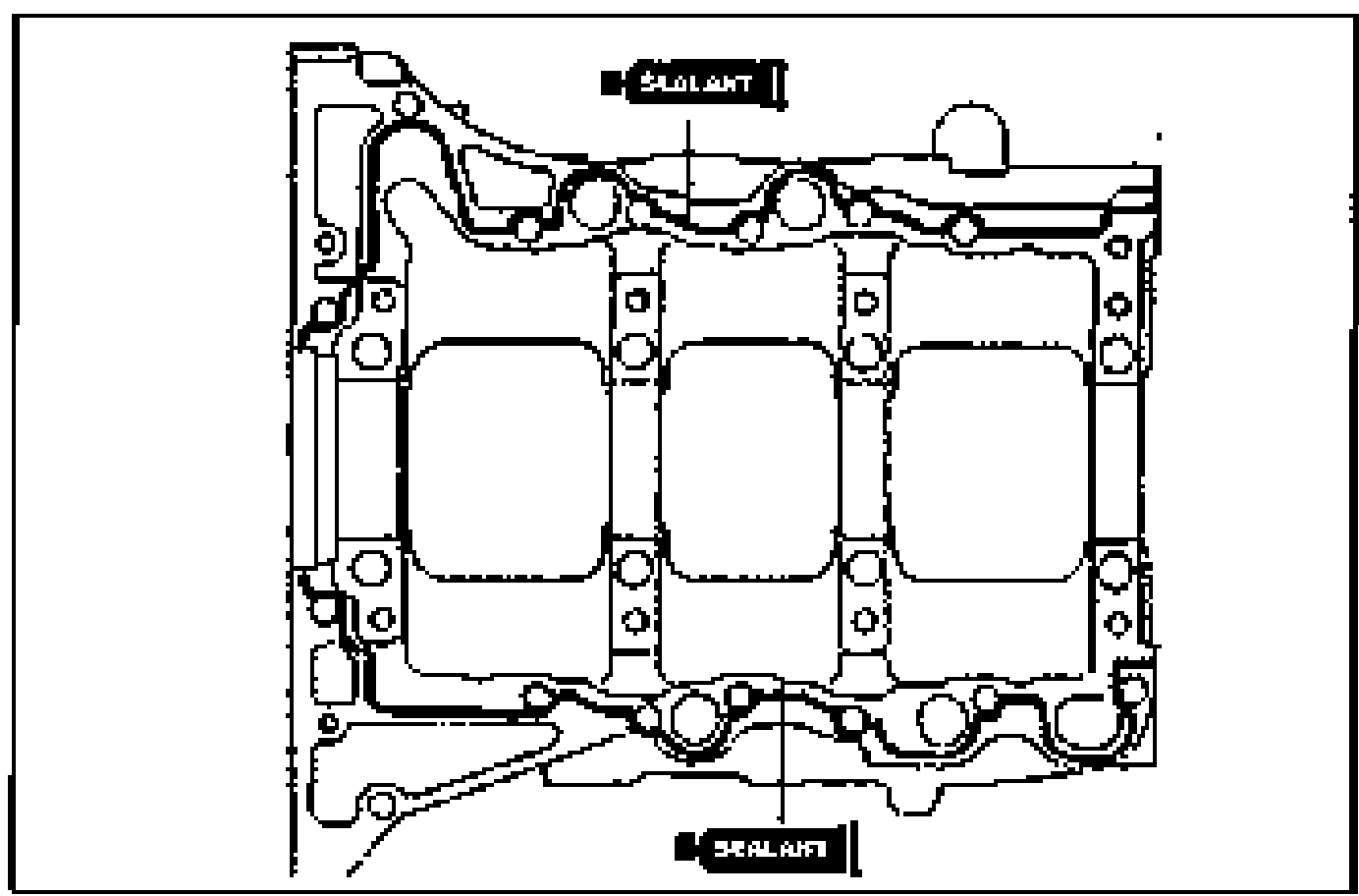 Bottom view of the upper cylinder block showing where to apply silicone sealant. Two 'SEALANT' callouts point to the continuous sealant bead along the contact surface.