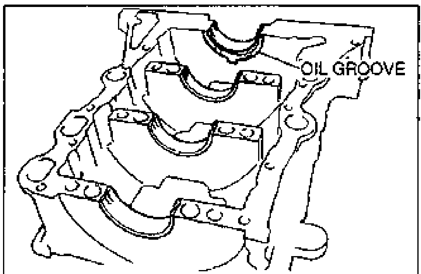 Line drawing of the lower main bearings installed in the lower cylinder block, with the OIL GROOVE callout pointing to the grooved bearing.