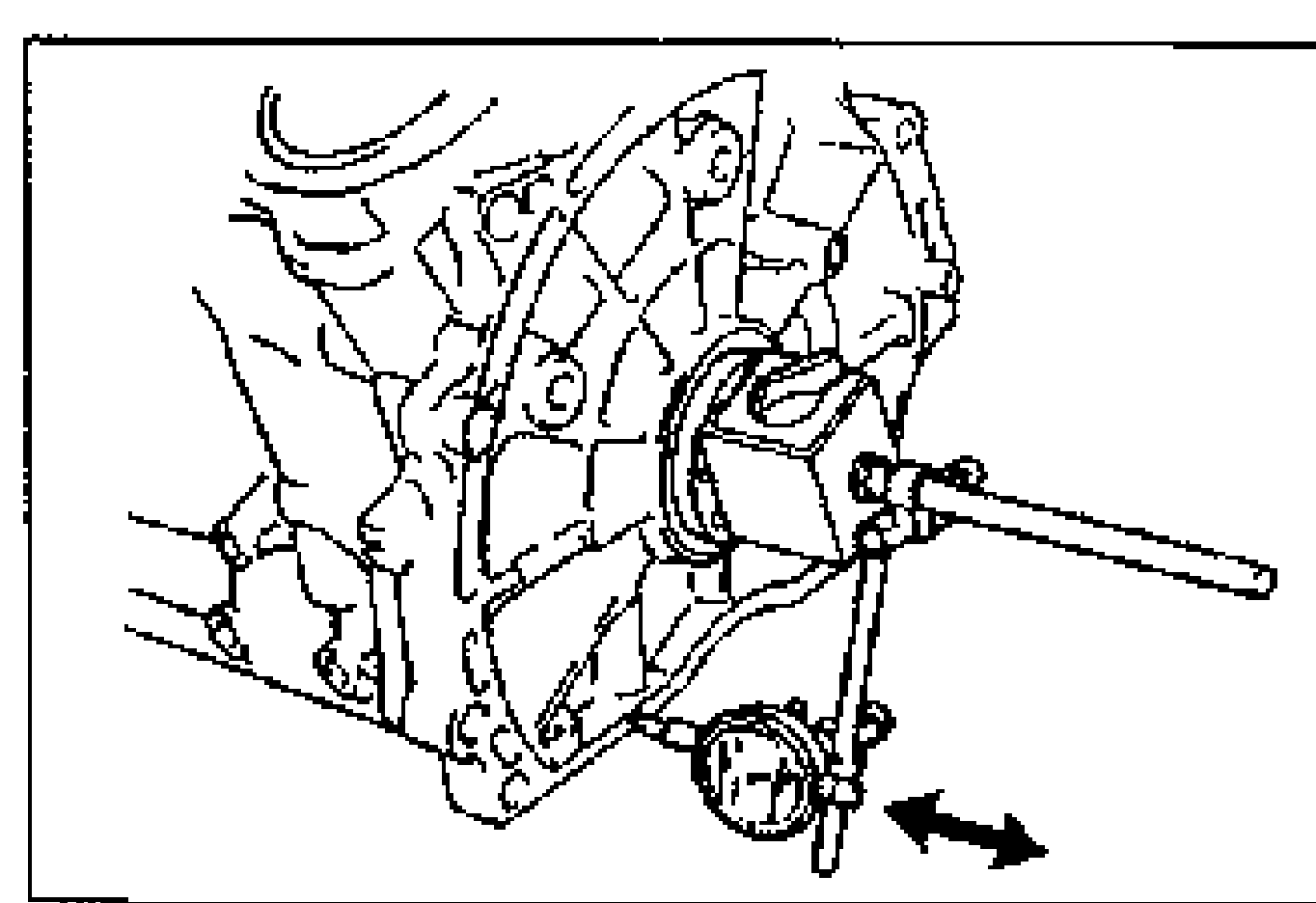 Line drawing of measuring crankshaft end play using a dial indicator mounted to the cylinder block, with a pry bar moving the crankshaft (arrow indicates direction of movement).