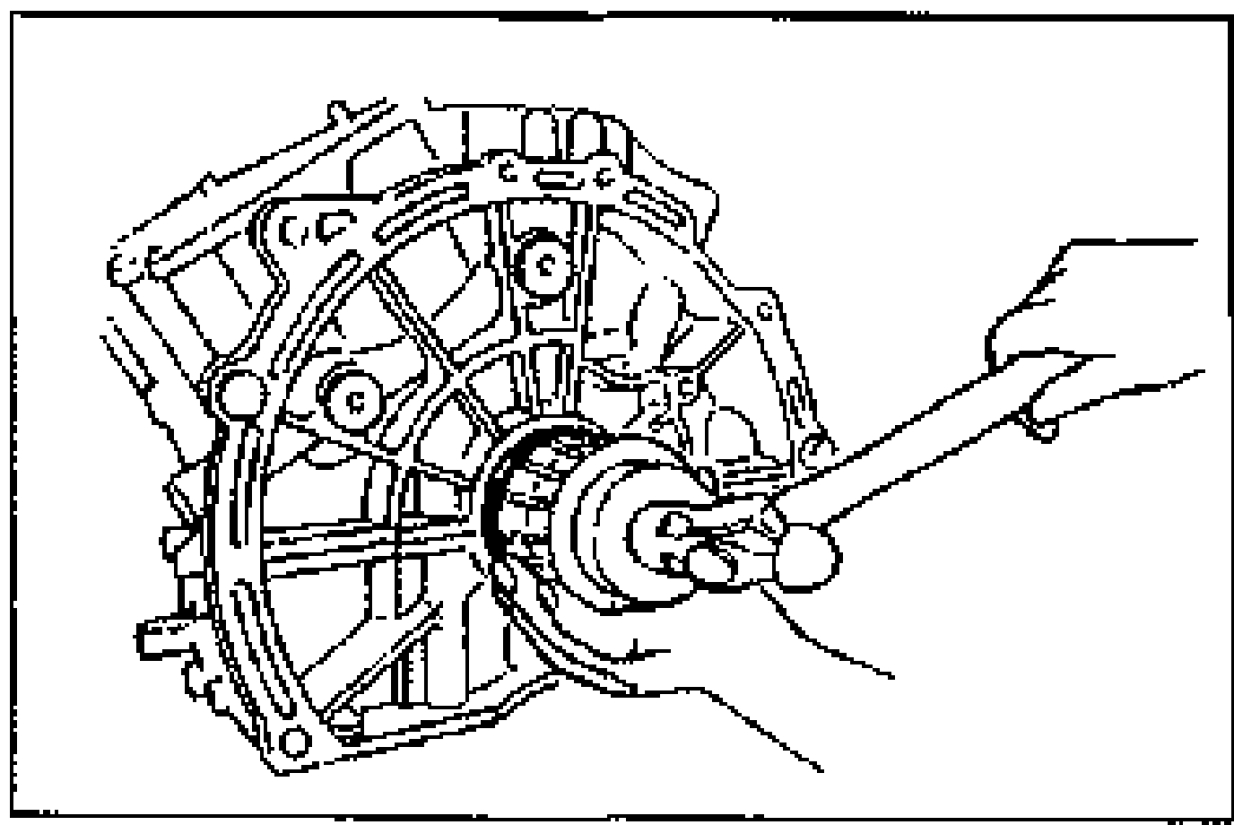 Line drawing of installing the rear oil seal into the cylinder block using a special service tool (SST) and hammer.