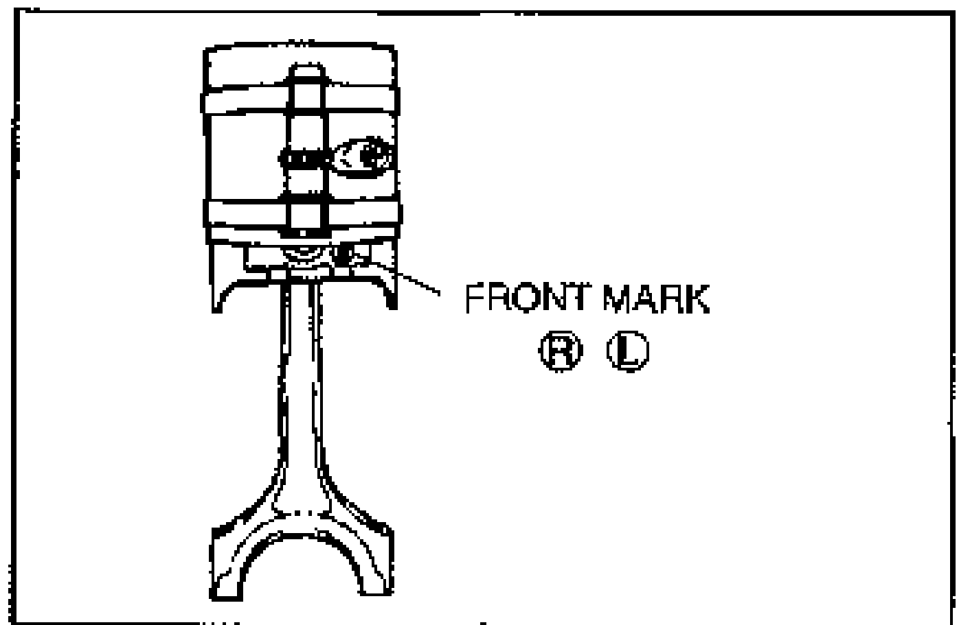 Line drawing of the piston and connecting rod assembly showing the FRONT MARK on the piston crown, with R and L marks indicating right bank and left bank orientation.