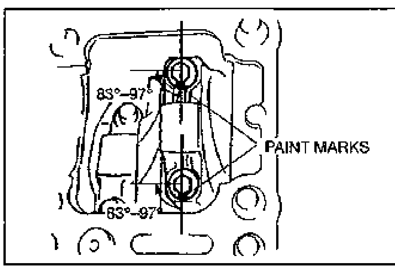 Line drawing of the connecting rod cap with two bolts, each marked with the angular tightening range 83-97 degrees. PAINT MARKS callout points to the bolt head paint marks.