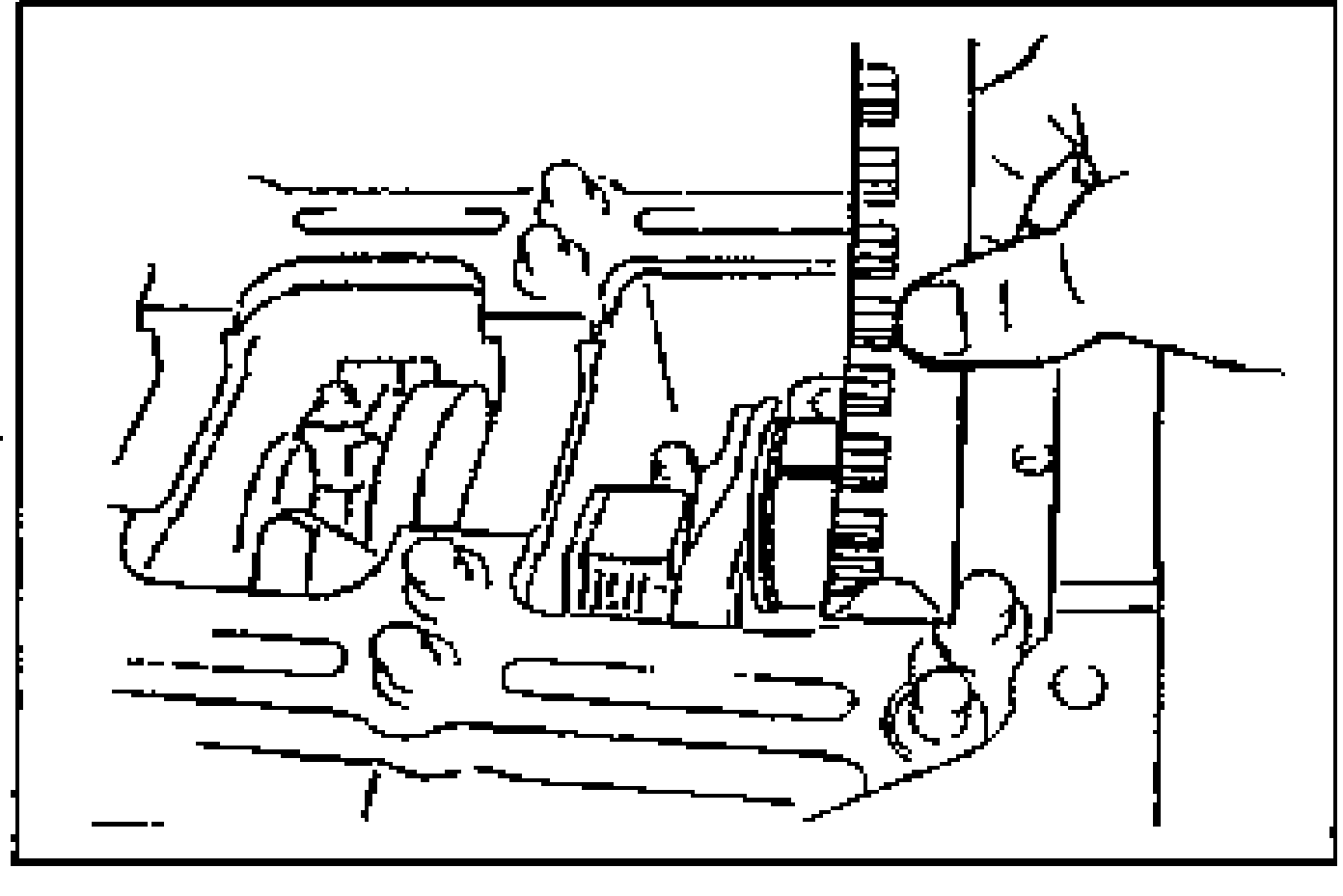 Line drawing of measuring the Plastigage width against the printed scale to determine oil clearance, with a hand holding the Plastigage scale next to the journal.