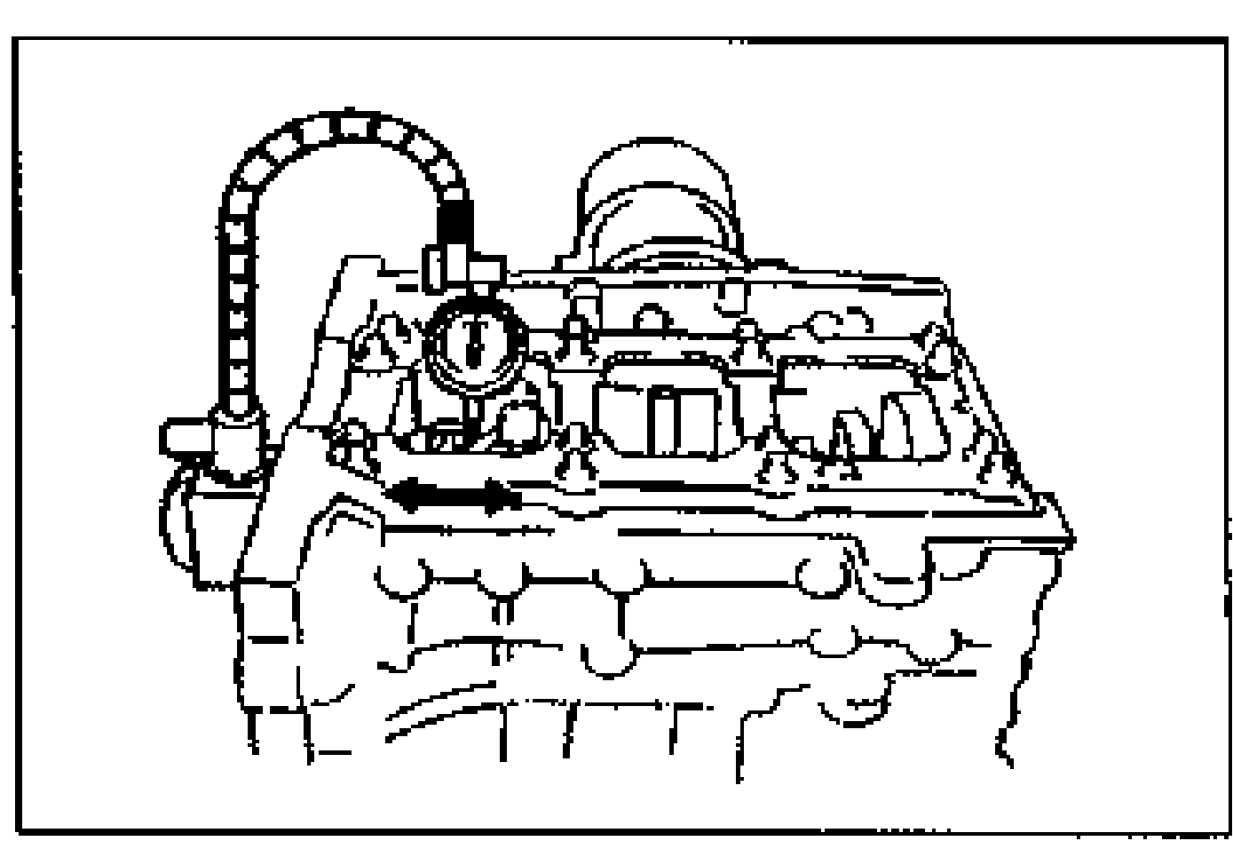 Line drawing of measuring connecting rod side clearance using a dial indicator mounted to the cylinder block while moving the connecting rod (arrow indicates direction of movement).
