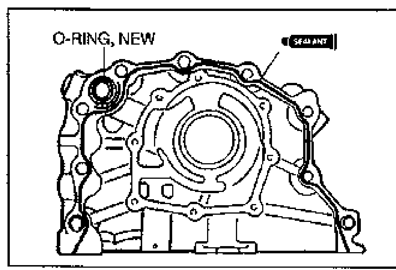 Line drawing of the oil pump body showing the new O-ring location and the continuous bead of silicone sealant applied to the contact surface. Callouts: O-RING, NEW and SEALANT.