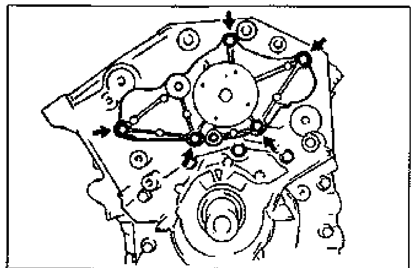 Line drawing of the water pump area showing the sealant bead path around the mounting surface with arrows indicating direction of application.