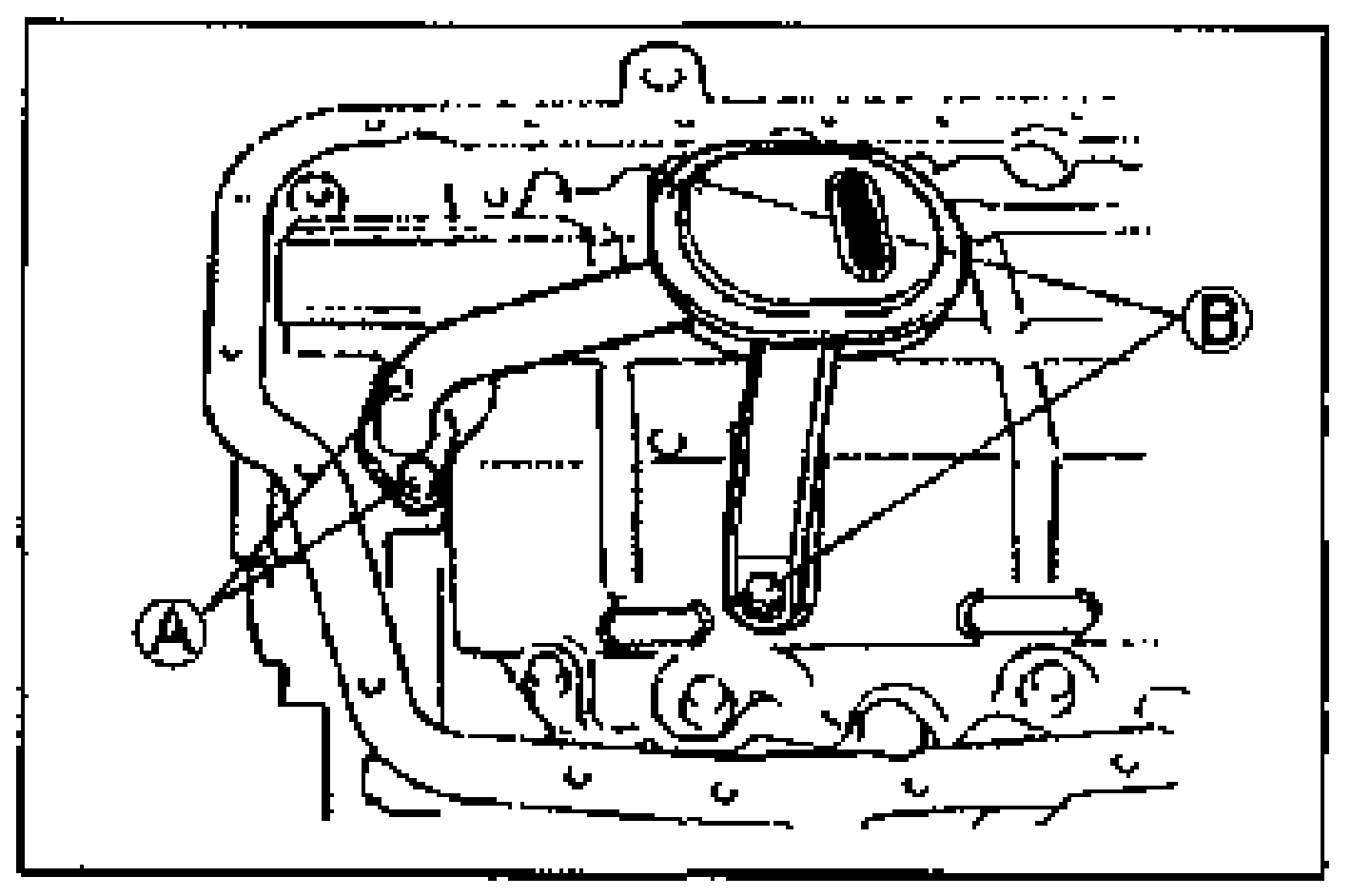 Line drawing of the oil strainer installed onto the oil pump body, with bolt positions labeled A and B for the tightening order.