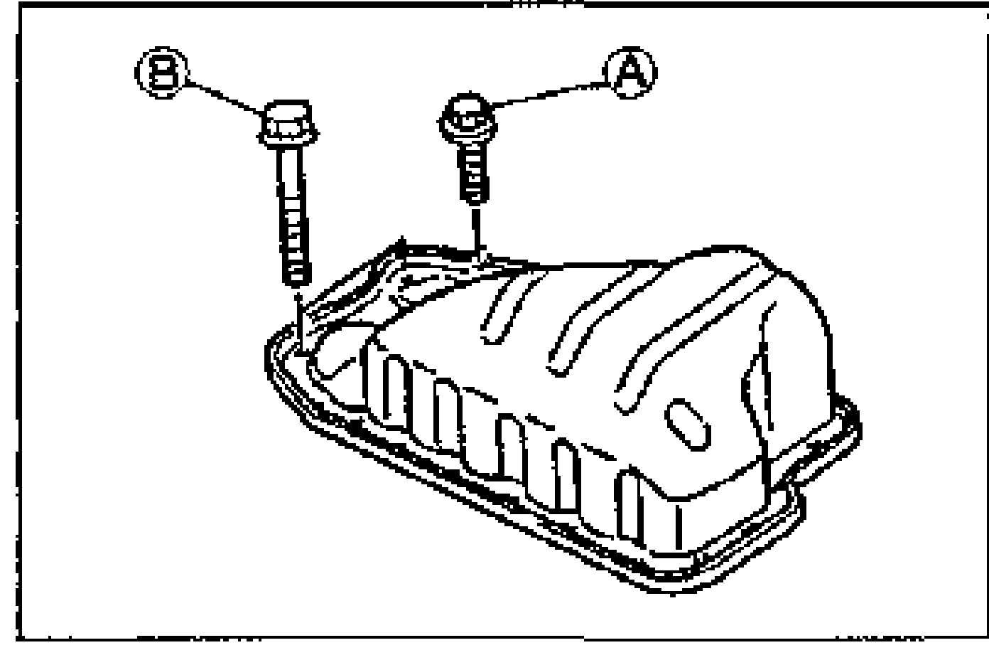 Line drawing of the oil pan with two bolts labeled A and B indicating different bolt lengths / tightening torques.