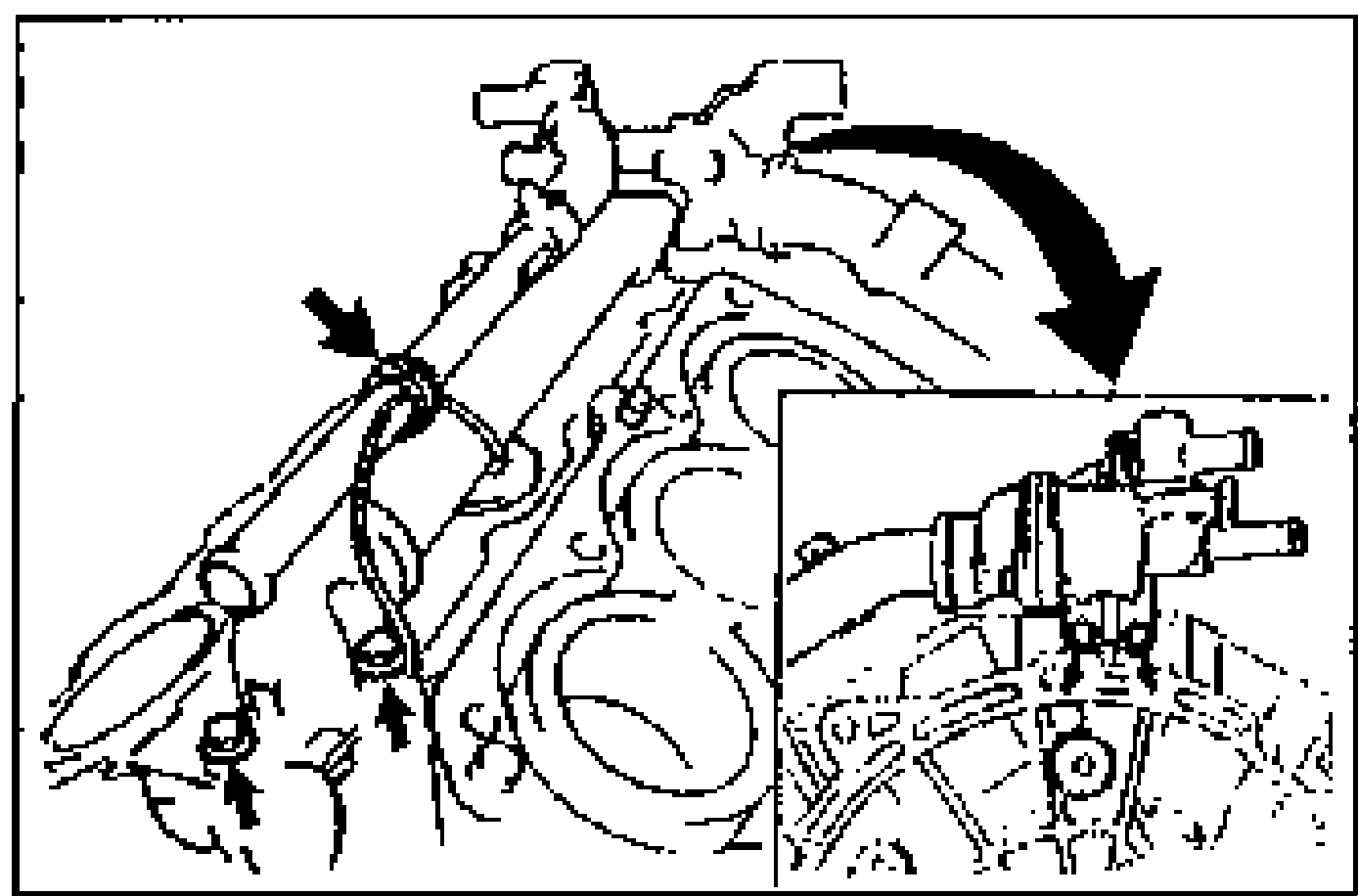 Line drawing of the water pipe and thermostat housing assembly being installed (arrow shows installation direction), with an inset detail showing the knock sensor harness secured to the water pipe with a clip.