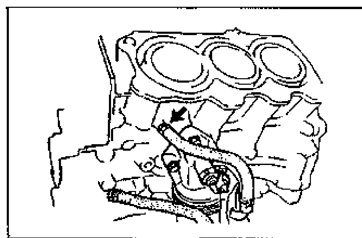 Line drawing of the oil cooler body being installed on the cylinder block with a new gasket (arrow indicates installation location), and water hoses connected.