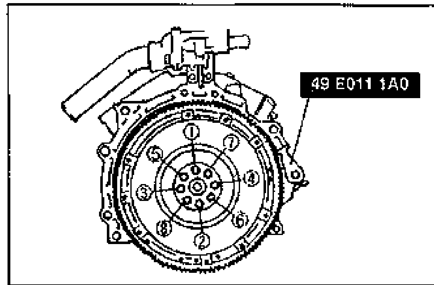 Line drawing of the flywheel set onto the crankshaft, held with SST 49 E011 1A0, showing the bolt tightening order numbered 1 through 8.