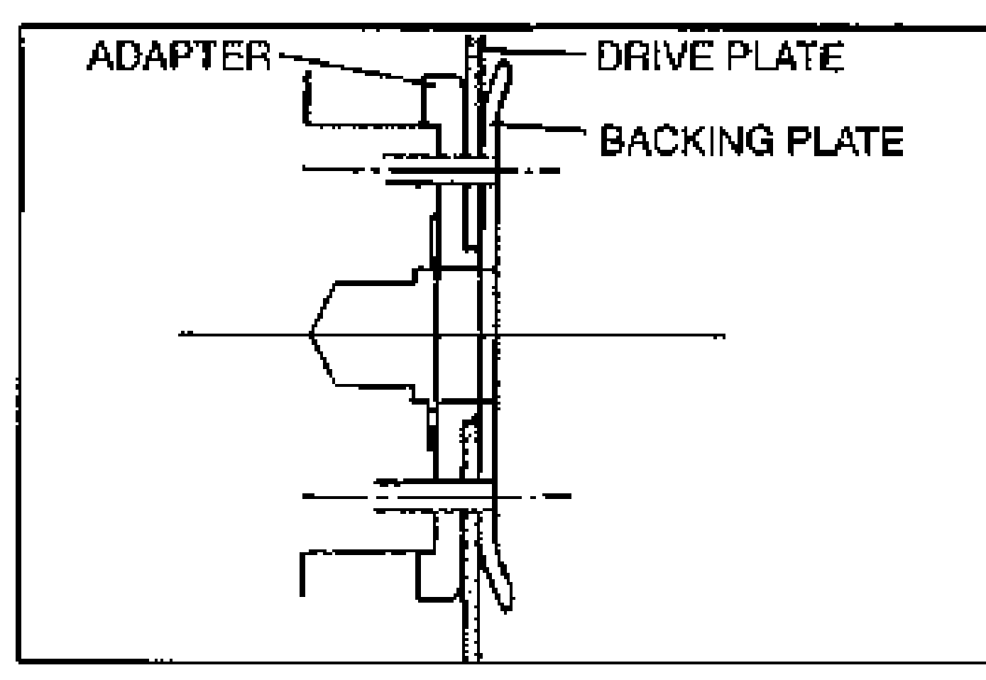 Cross-section diagram of the drive plate (ATX) assembly showing the ADAPTER, DRIVE PLATE and BACKING PLATE stacked on the crankshaft, indicating the correct mounting directions.