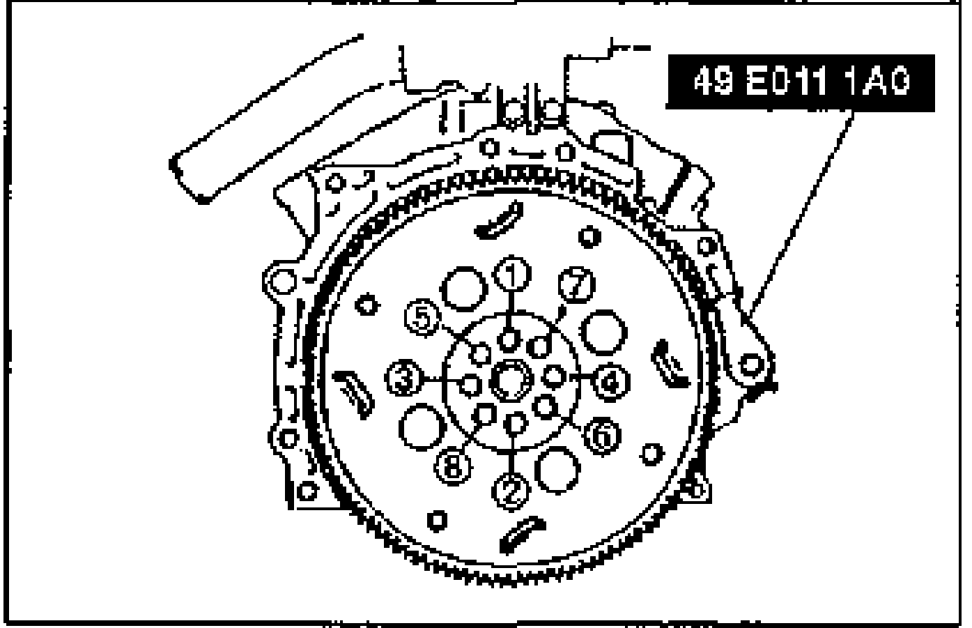 Line drawing of the drive plate (ATX) held with SST 49 E011 1A0, showing the bolt tightening order numbered 1 through 8.