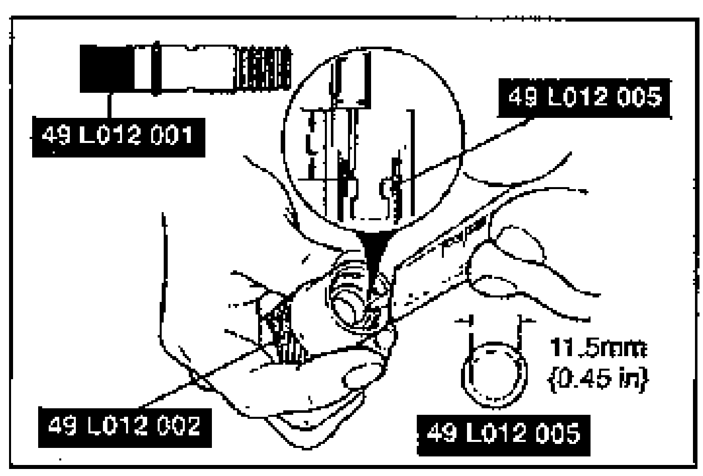 Valve seal installation detail. SST tools 49 L012 001, 49 L012 002 and 49 L012 005 are shown assembled over a valve guide, with a magnified inset of the seal-press depth. A separate valve seal dimensioned 11.5mm {0.45 in} is shown bottom-right.