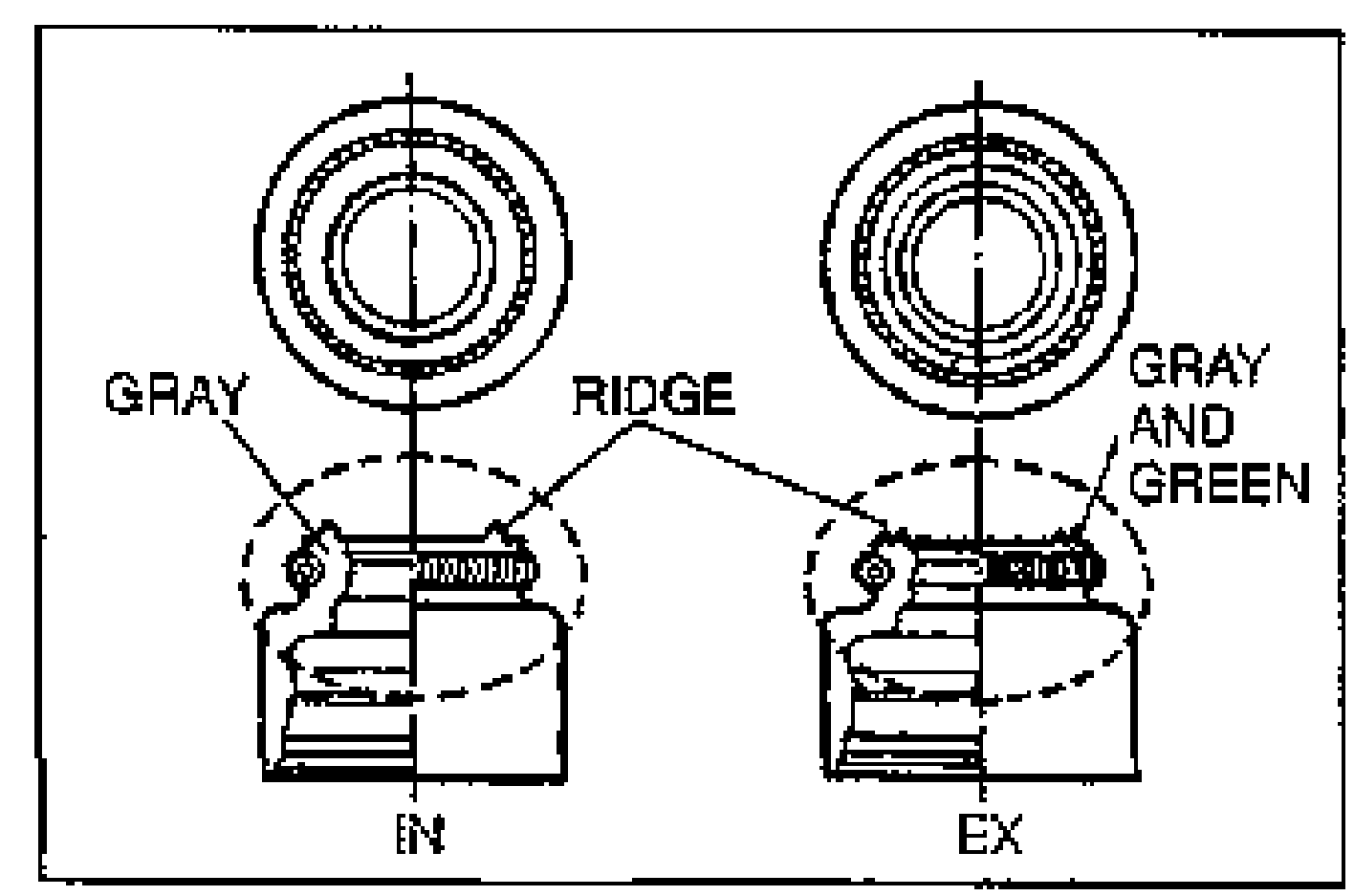 Comparison of intake (IN) and exhaust (EX) valve seals showing identification differences. Left seal labelled GRAY and RIDGE; right seal labelled GRAY AND GREEN. Dashed circles highlight the ridge area at the seal base.