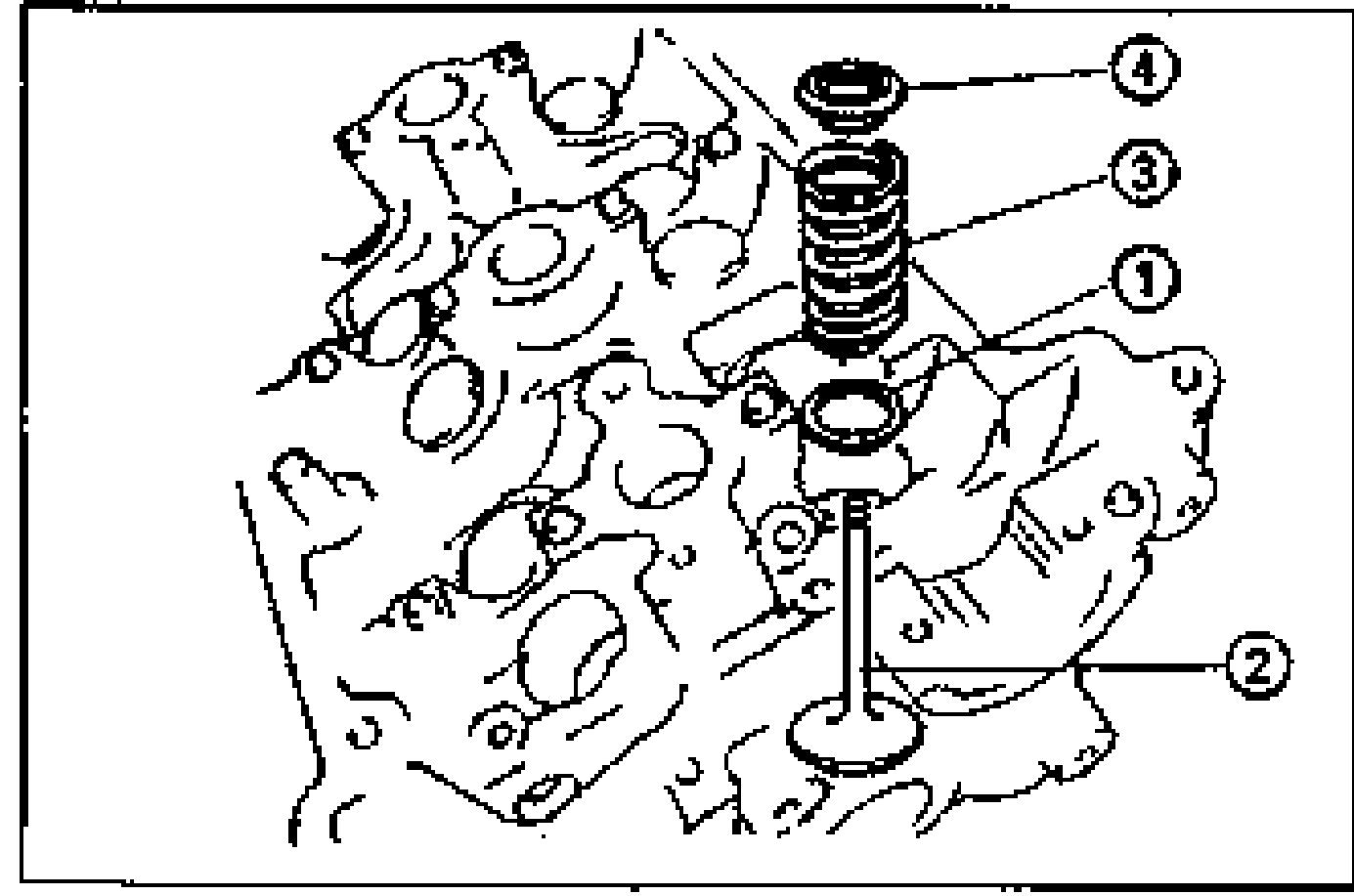 Valve and valve spring assembly order on the cylinder head, with numbered callouts: (1) lower spring seat, (2) valve, (3) valve spring (closer pitch toward head), (4) upper spring seat.