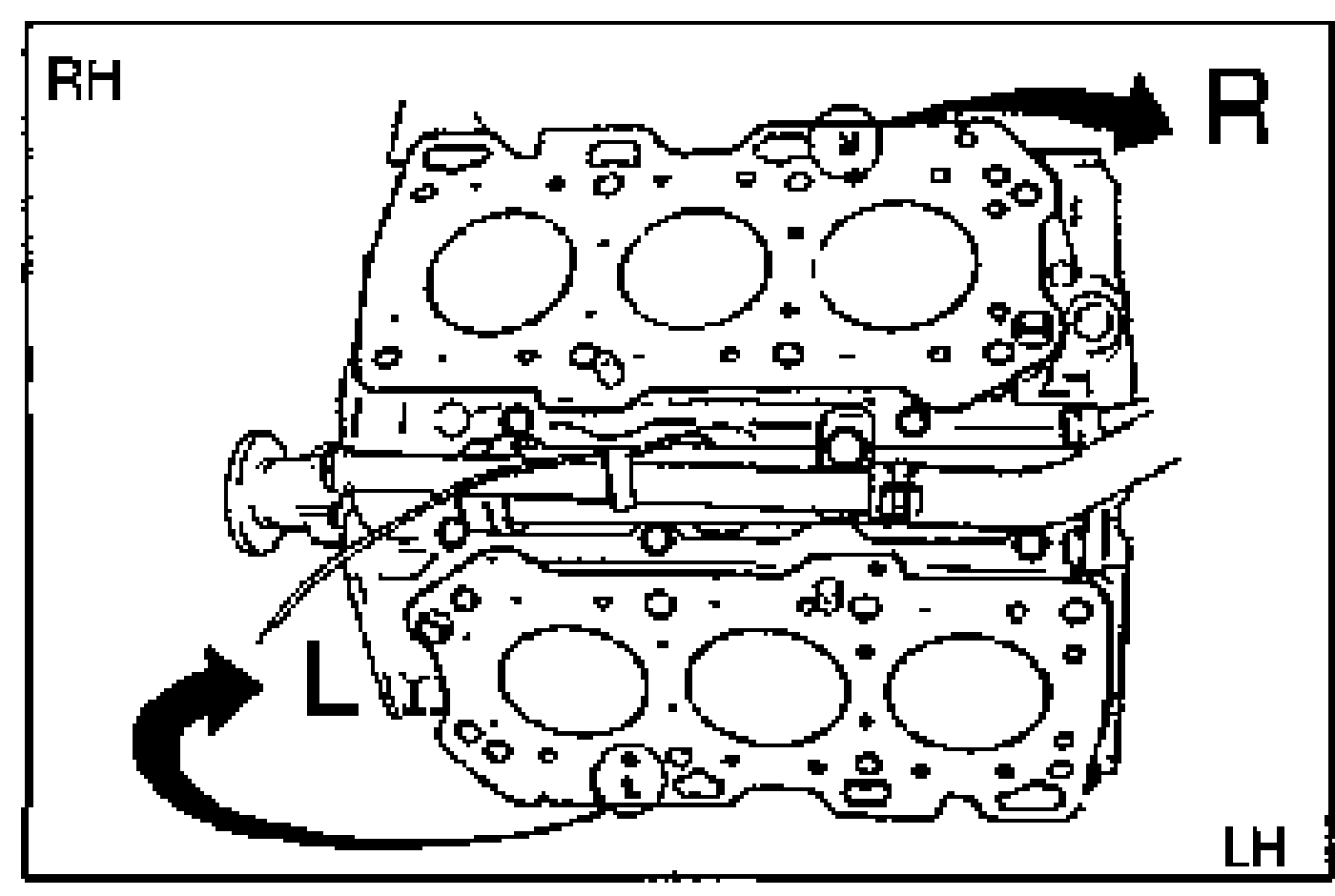 Top view of the cylinder block decks showing RH and LH cylinder head gasket locations. Curved arrows indicate orientation: R (right) at top and L (left) at bottom, marking which gasket goes on which bank.