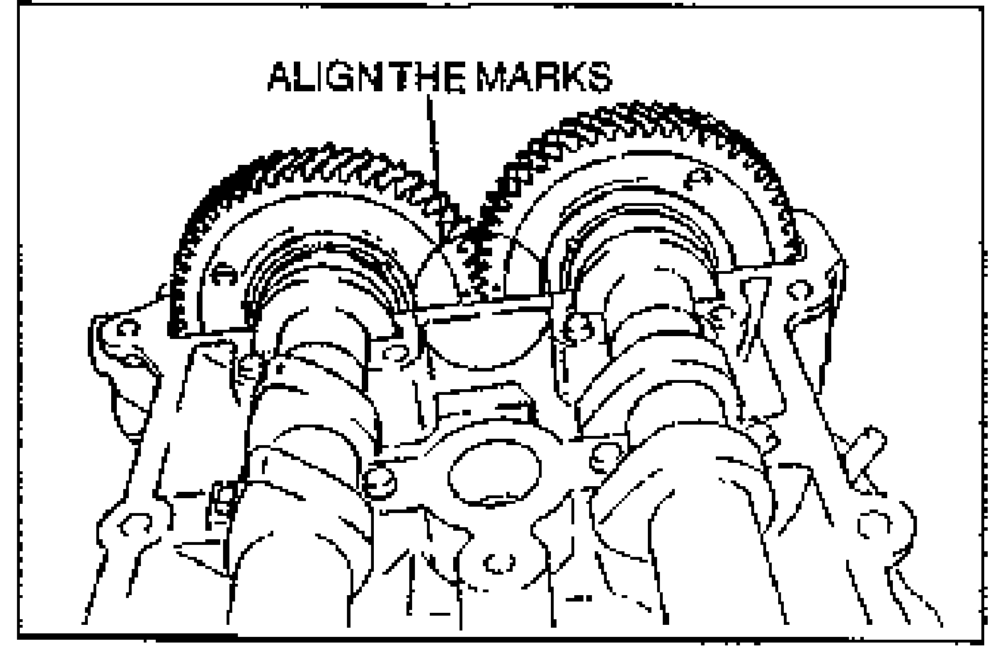 Intake and exhaust camshaft gears with timing marks aligned. Callout 'ALIGN THE MARKS' points to the mating gear teeth.