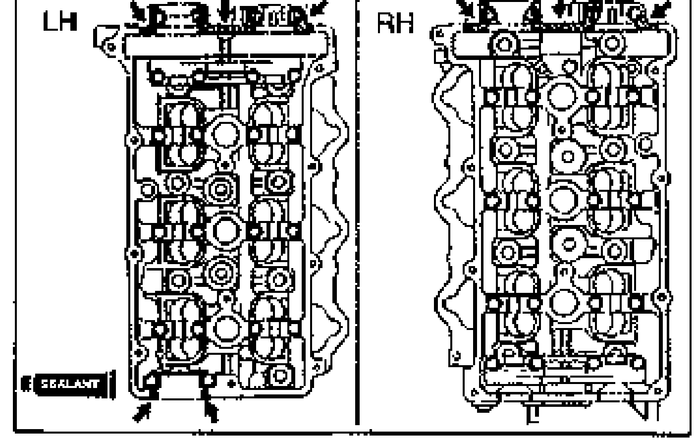 LH and RH cylinder head top views showing the shaded silicone-sealant application areas at the front camshaft cap / cylinder head mating surfaces. A SEALANT marker appears at bottom-left.