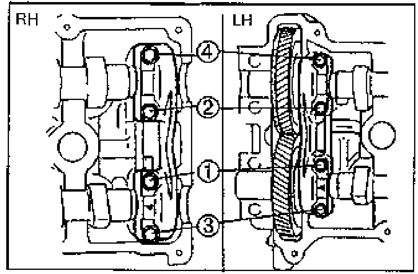 RH and LH thrust cap installation sequence on the cylinder heads, with numbered balloon callouts 1, 2, 3, 4 indicating the hand-tightening order of the thrust cap bolts.