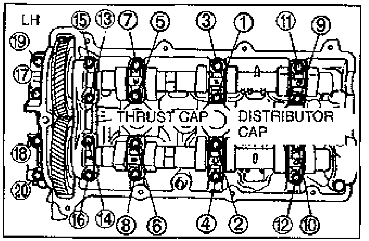 LH cylinder head camshaft cap and distributor cap tightening sequence with numbered balloon callouts 1 through 20 indicating the order in which the camshaft cap bolts are tightened. Labels THRUST CAP and DISTRIBUTOR CAP identify cap positions.