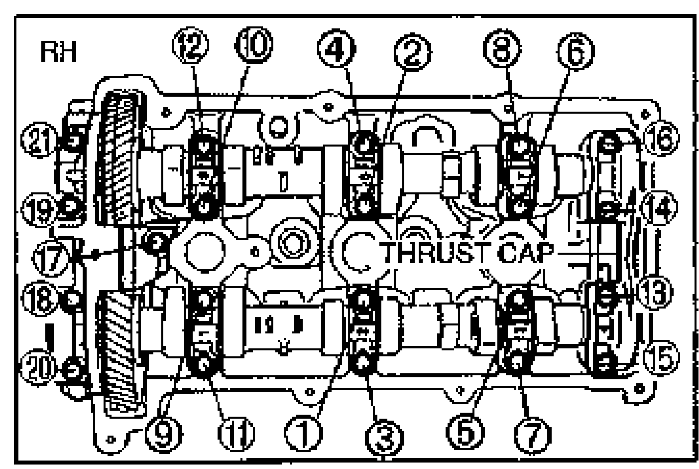 RH cylinder head top view showing camshaft cap and distributor cap tightening sequence with numbered balloon callouts 1 through 21 indicating the bolt tightening order. THRUST CAP label identifies the center thrust cap.
