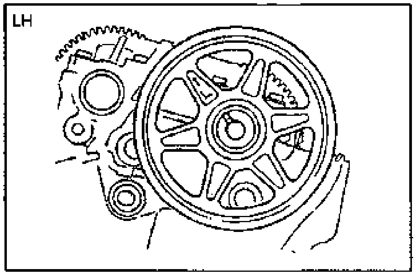 LH camshaft pulley installed with the 'L' mark visible and the timing mark aligned with the camshaft knock pin.