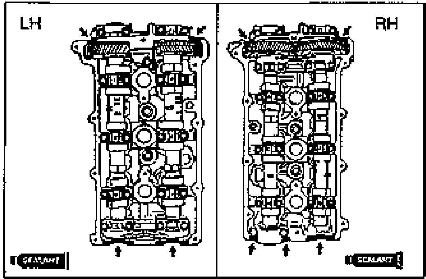 LH and RH cylinder head cover top views showing the silicone sealant application areas (arrows) on the cover mating surface. SEALANT markers at the lower corners.