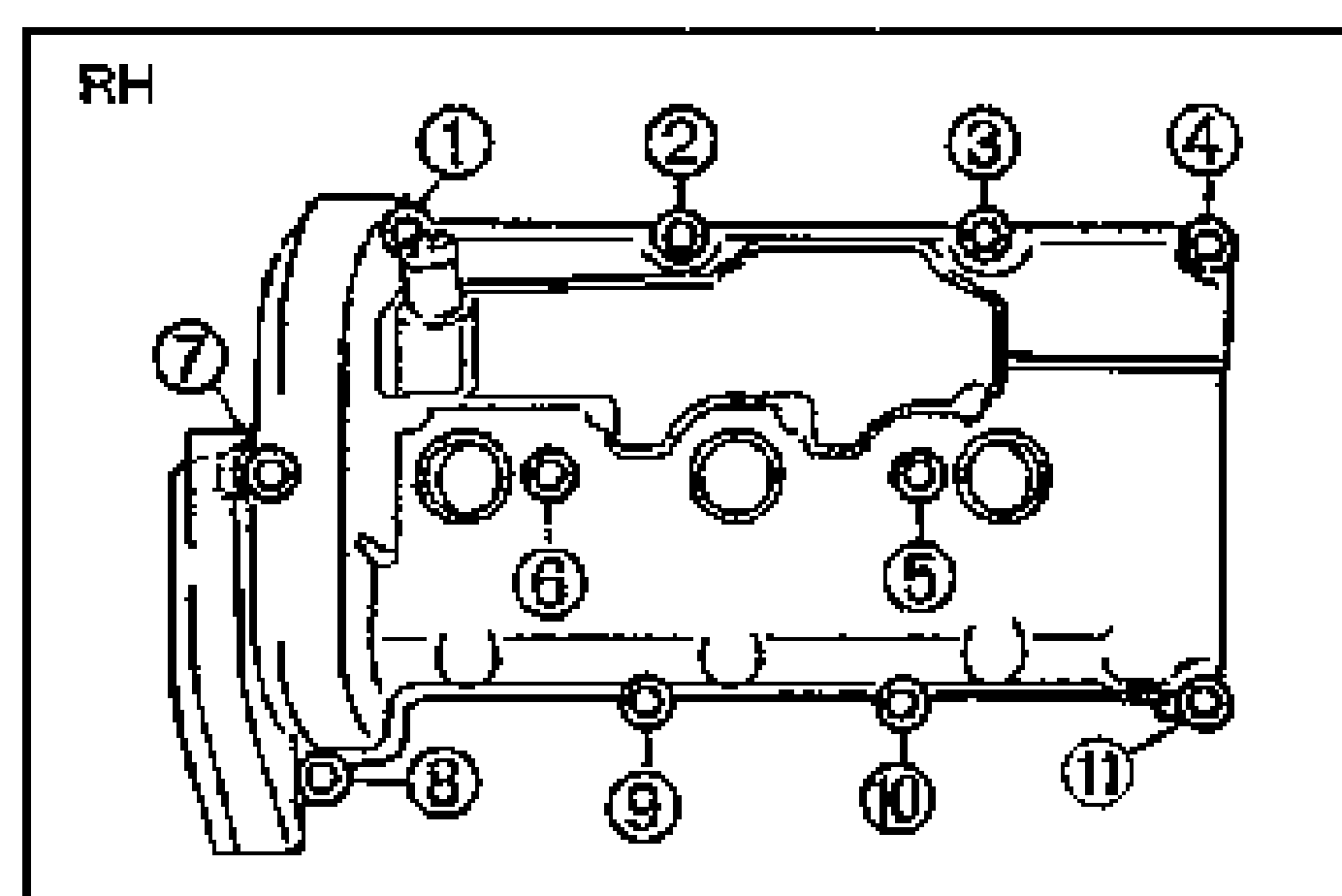 RH cylinder head cover top view showing the bolt tightening sequence with numbered balloon callouts 1 through 11 marking the order of tightening.