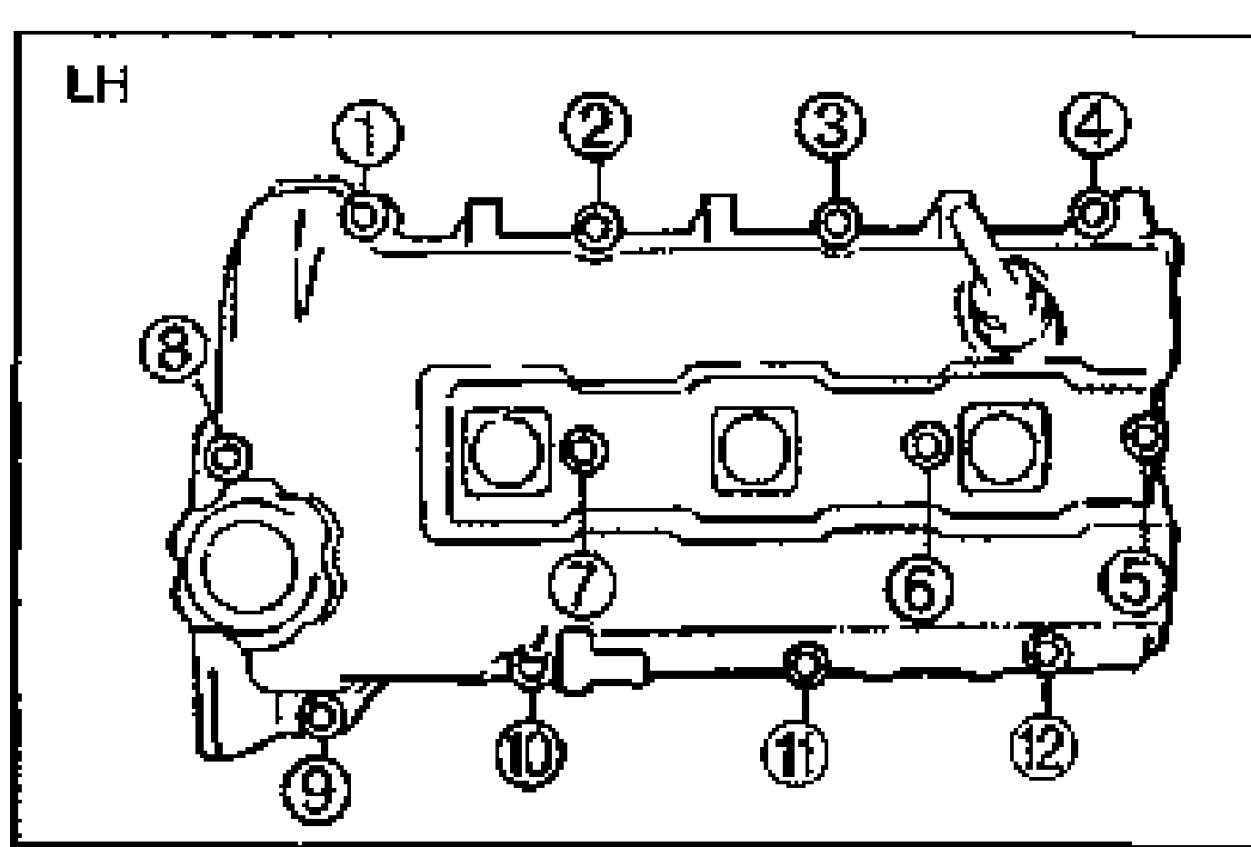 LH cylinder head cover top view showing the bolt tightening sequence with numbered balloon callouts 1 through 12 marking the order of tightening.