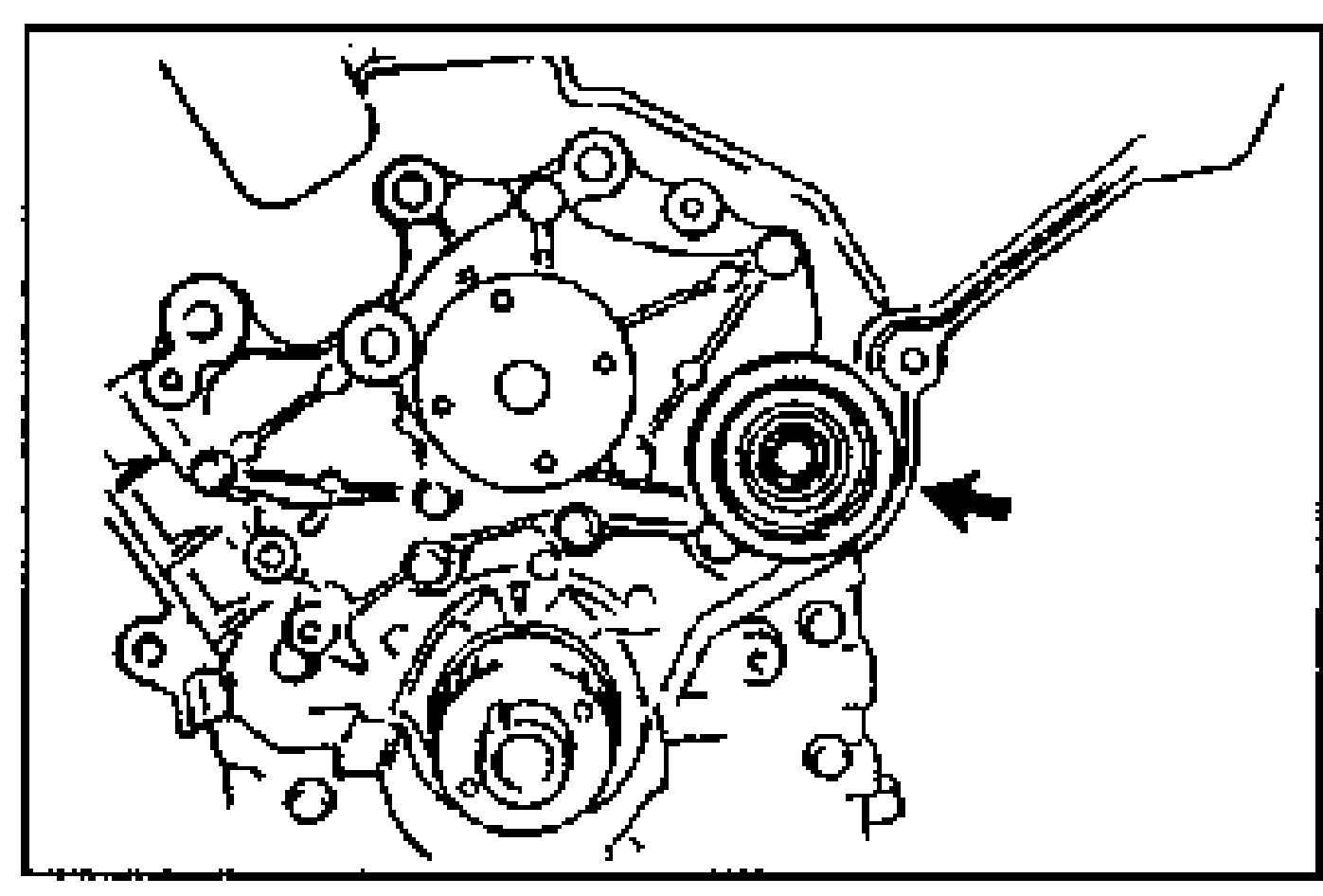 Engine front showing the No.2 idler pulley installed on the cylinder block. An arrow points to the idler pulley.