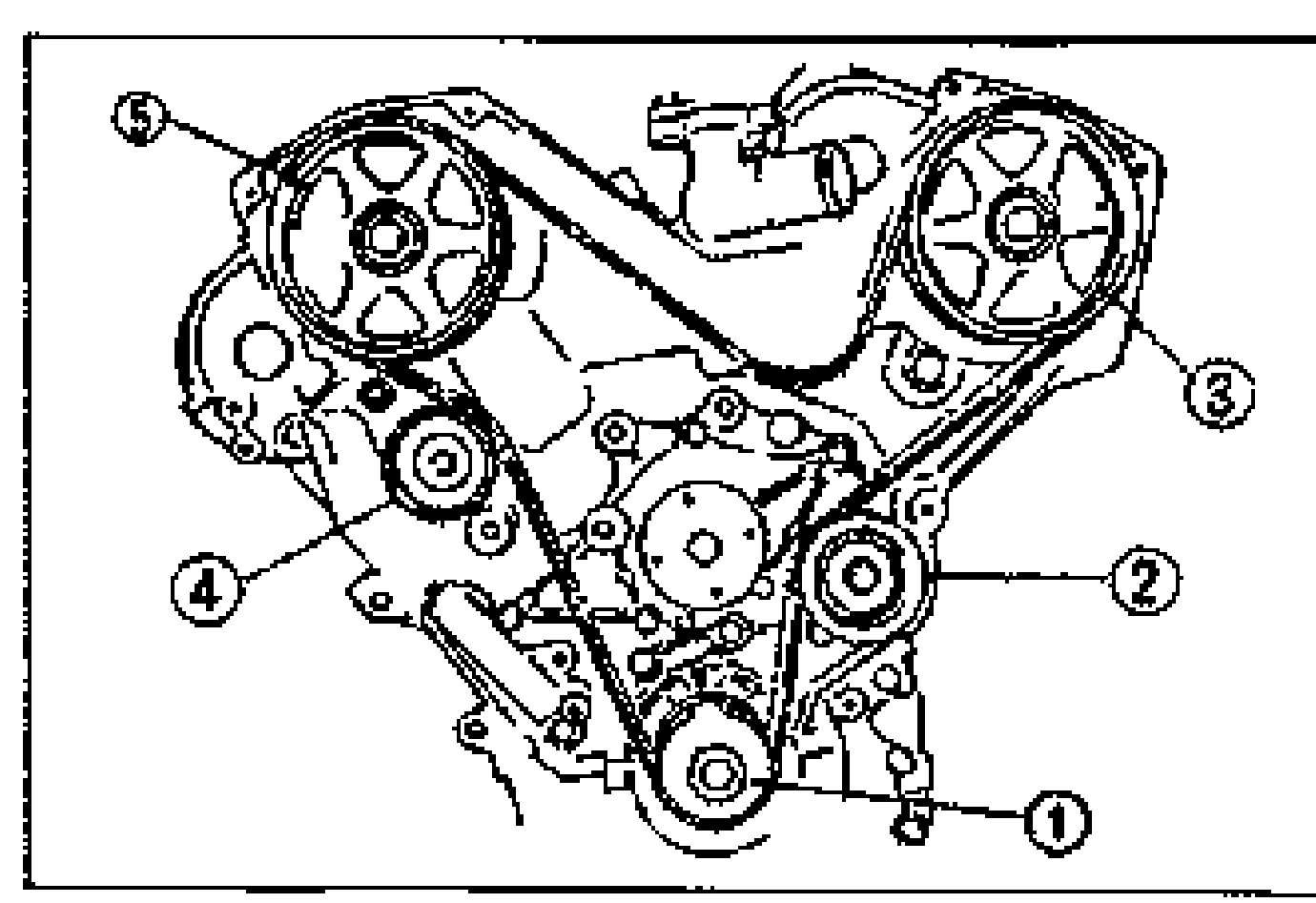 Engine front showing the timing belt routing with numbered balloon callouts: (1) timing belt pulley (crankshaft), (2) No.2 idler pulley, (3) LH camshaft pulley, (4) tensioner pulley, (5) RH camshaft pulley, indicating the order the belt is installed.