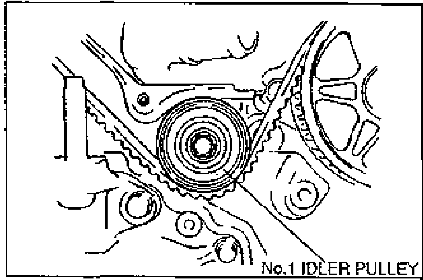 No.1 idler pulley being installed while applying pressure to the timing belt. A 'No.1 IDLER PULLEY' caption labels the pulley.
