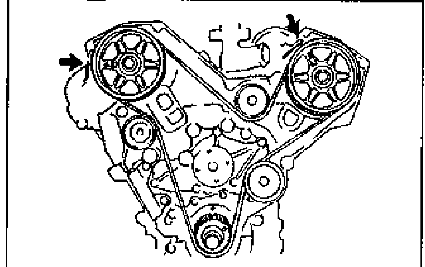 Engine front with timing belt installed; arrows point to the RH and LH camshaft pulley timing marks for verification after turning the crankshaft.