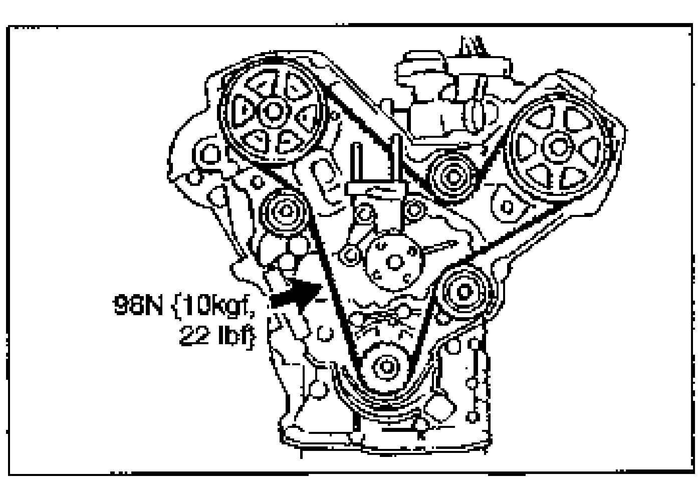Front view of the K8-ZE V6 engine showing the timing belt routed over the camshaft pulleys, idler and auto tensioner. A bold arrow points to the belt span where deflection is checked, labeled '98N {10kgf, 22 lbf}' indicating the applied test load.