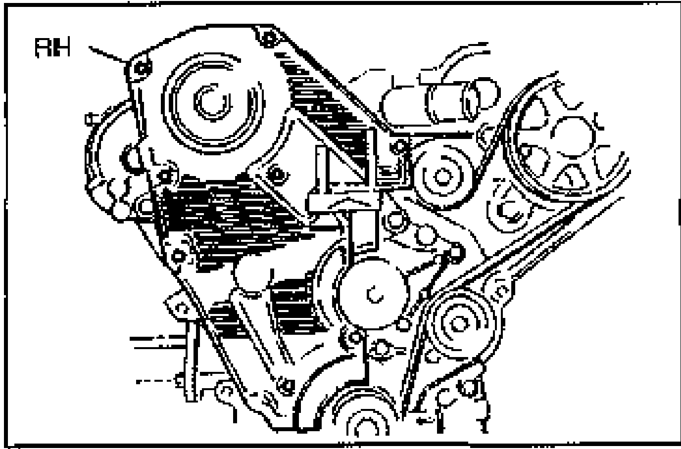 Right-hand side of the engine showing the right (RH) timing belt cover area being installed. The 'RH' label marks the right cylinder bank cover.
