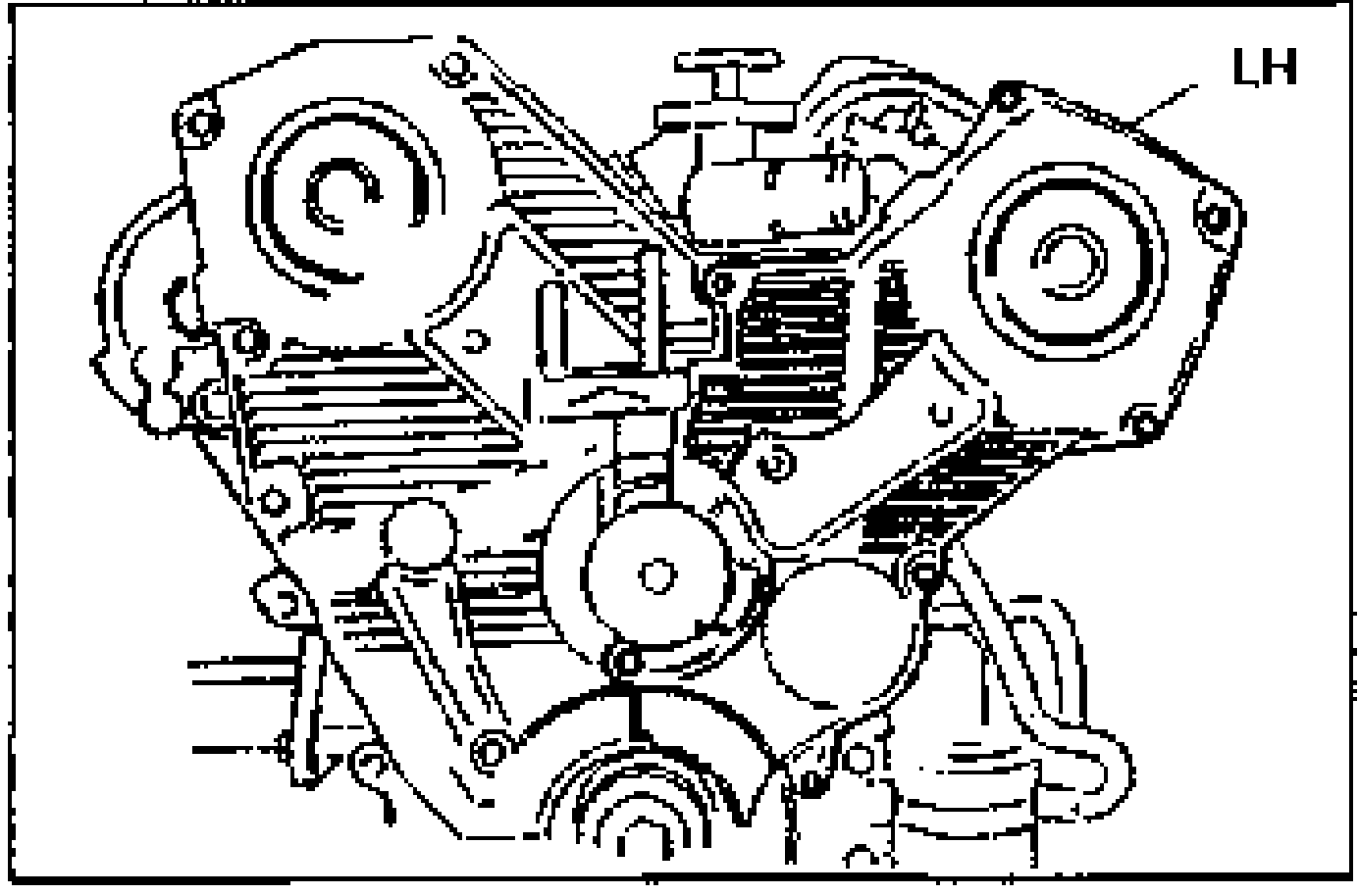Left-hand side of the engine showing the left (LH) timing belt cover area being installed. The 'LH' label marks the left cylinder bank cover.