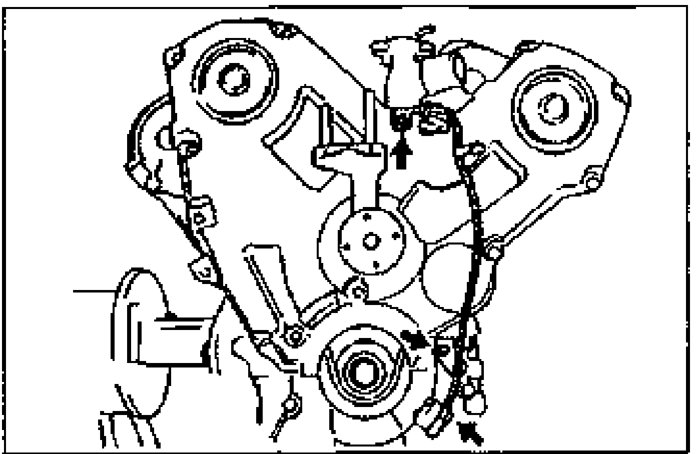 Engine front view showing the crankshaft position sensor location with arrows pointing to its mounting on the lower timing area near the crankshaft pulley.