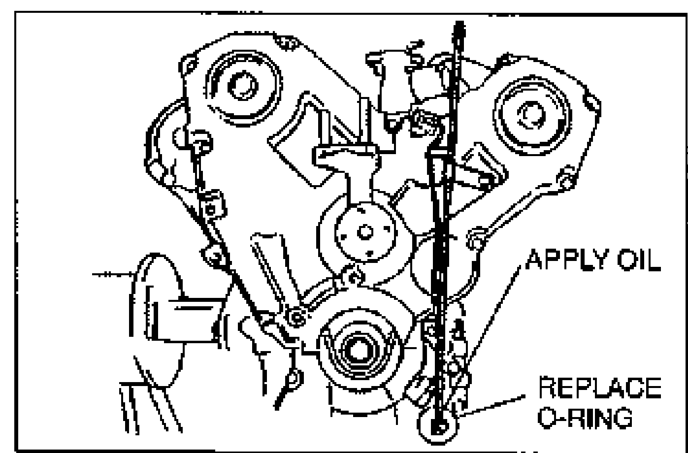 Front view of the engine showing the oil dipstick and pipe being installed. A callout 'APPLY OIL' points to where oil is applied and 'REPLACE O-RING' points to the dipstick pipe O-ring.