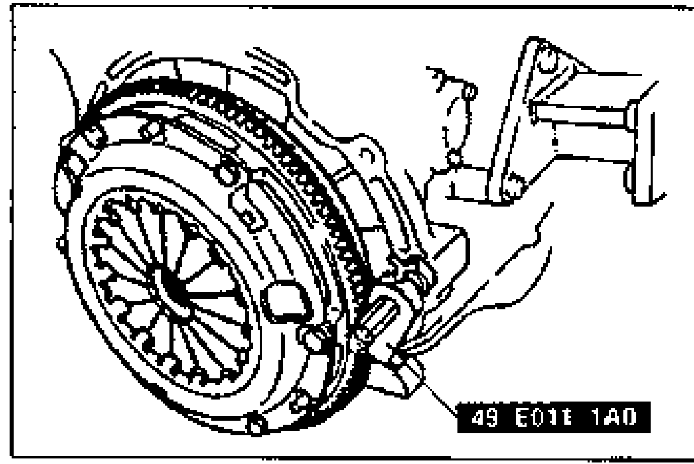 Flywheel/clutch assembly held with the SST (special service tool 49 E011 1A0) to hold the flywheel (MTX) or drive plate (ATX) while removing the crankshaft pulley bolt. Tool number label '49 E011 1A0' shown bottom-right.