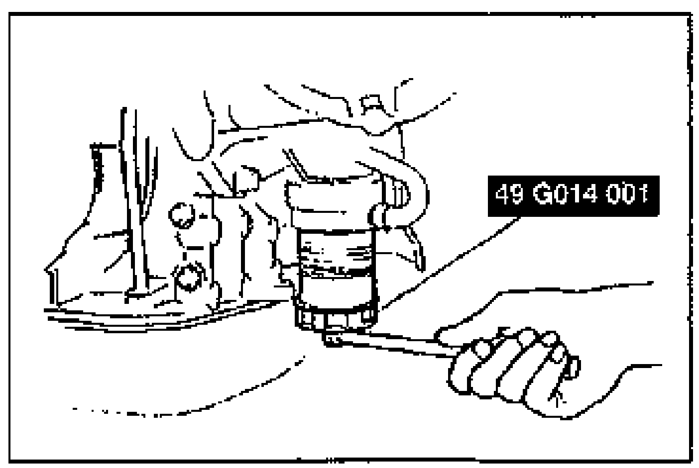 Oil filter being tightened with the SST (49 G014 001) by hand on the engine block. The tool number '49 G014 001' is labeled.