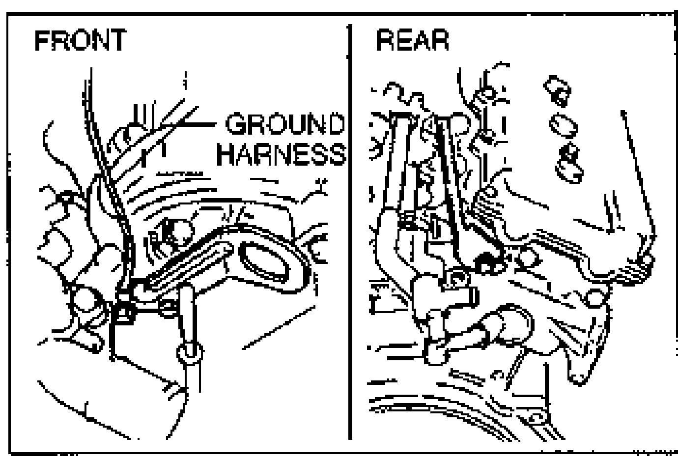 Two-panel figure showing engine hanger and ground harness installation. Left panel labeled 'FRONT' shows the front engine hanger with 'GROUND HARNESS' callout; right panel labeled 'REAR' shows the rear engine hanger.