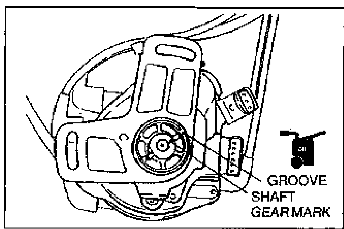 Distributor area showing the distributor body being installed. Callouts label 'GROOVE' and 'SHAFT GEAR MARK' indicating the alignment marks on the distributor body and shaft gear, plus an 'OIL' applicator symbol.