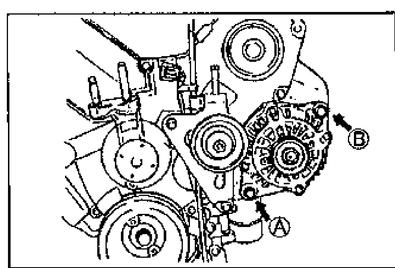 Front view of the engine showing the generator (alternator) and its bracket installed near the drive belt pulleys. Arrows with circled letters mark two bolt locations: (A) at the lower bolt and (B) at the upper-right bolt, each with its own tightening torque.